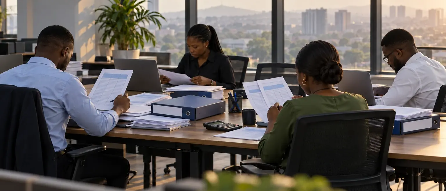 Illustrative photo: a finance team at month-end in an open-plan office, working through printed spreadsheets and folders, with the city in afternoon haze beyond the windows.