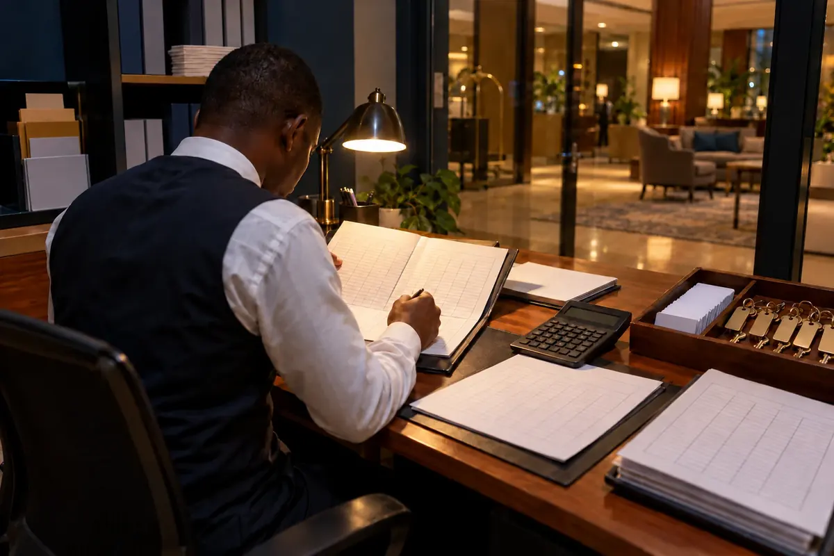 Illustrative photo: a hotel back office at night, where a staff member checks the day's records under a desk lamp, with the lit lobby beyond the glass.