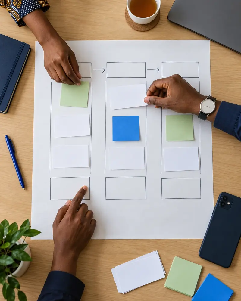 Illustrative photo, seen from above: hands placing paper cards in columns on a large sheet to map a work process, beside tea, a notebook and a phone.