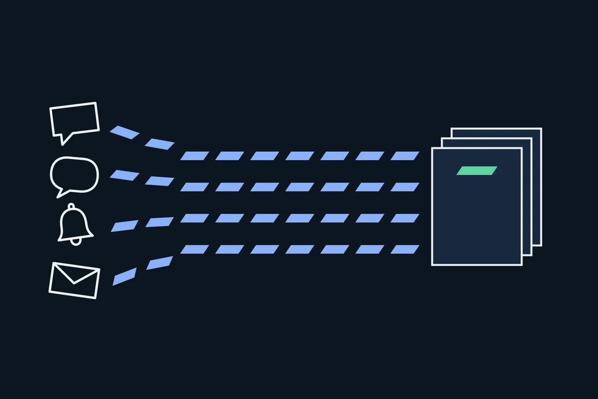 Illustration: chats, messages, alerts and emails flow along slanted bars into a single stack of documents.
